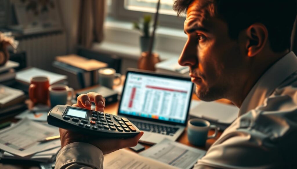 A cluttered office desk, its surface covered in scattered documents, coffee mugs, and a laptop displaying a complex budget spreadsheet. Soft, warm lighting from a nearby window casts an introspective glow, emphasizing the weight of financial decisions. In the foreground, a hand hovers over a calculator, its display illuminating the face of a pensive business professional deep in thought. The background blurs, focusing attention on the careful budgeting process, a critical but often overlooked aspect of effective Google Ads campaigns.