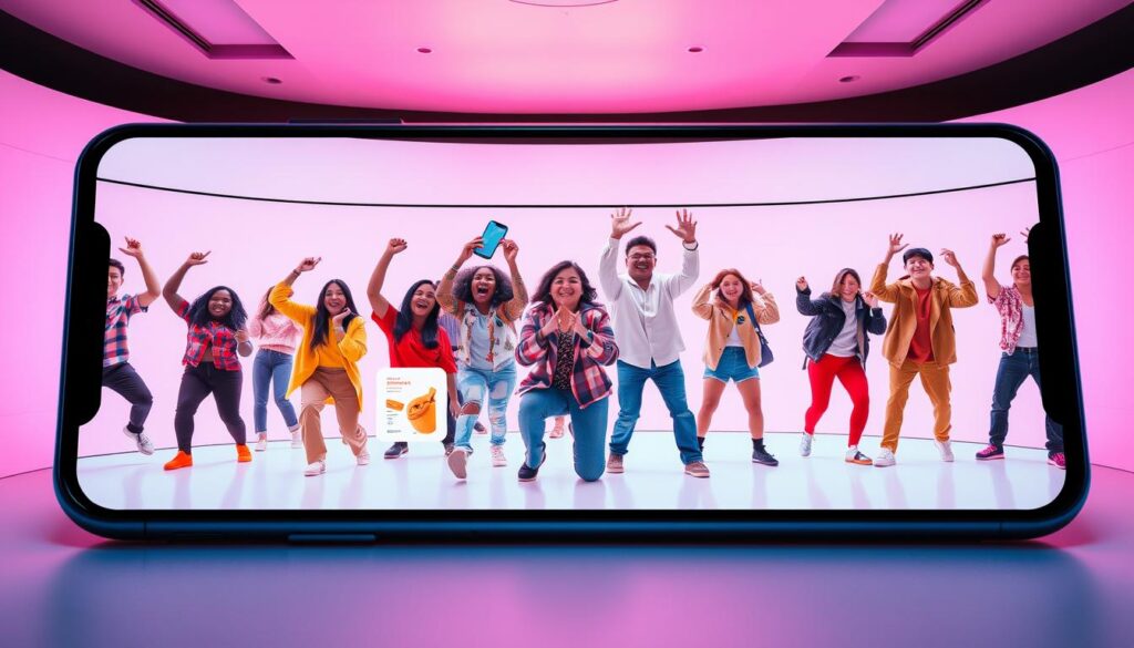 A dynamic TikTok ad campaign unfolds on a vibrant, mobile-friendly display. In the foreground, a group of diverse creators energetically engage with an array of trending challenges, their expressive movements and facial expressions capturing the playful essence of the platform. The middle ground showcases strategically curated product placements, seamlessly integrated into the content to capture the attention of the scrolling audience. In the background, a visually striking, minimalist aesthetic sets the stage, with bold pops of color and a clean, modern design that reflects the sleek, user-friendly nature of the TikTok interface. Soft, diffused lighting creates a sense of inviting warmth, while a slightly off-center perspective adds a dynamic, authentic feel to the scene. The overall composition conveys the energy, creativity, and effectiveness of a winning TikTok advertising strategy.
