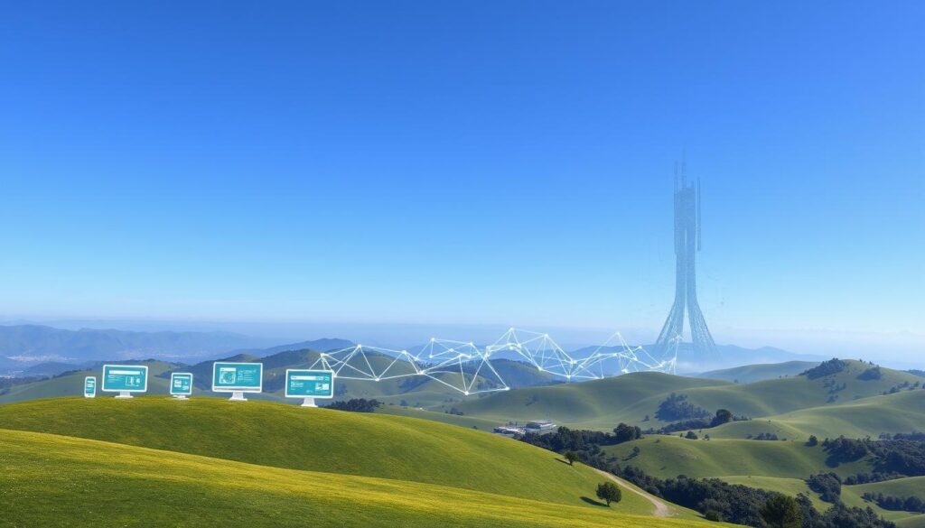 A high-resolution, photorealistic image depicting the evolution of search engines and user intent. In the foreground, a serene landscape with rolling hills and a clear blue sky. Nestled among the greenery, a series of futuristic search engine interfaces, each representing a different era of technological advancement. The middle ground showcases a network of interconnected data streams, pulsing with energy and information. In the background, a towering, abstract AI structure, its intricate algorithms and neural networks visible through a hazy, ethereal glow. The overall scene conveys a sense of progress, innovation, and the seamless integration of human and machine intelligence in the search for relevant and personalized information.