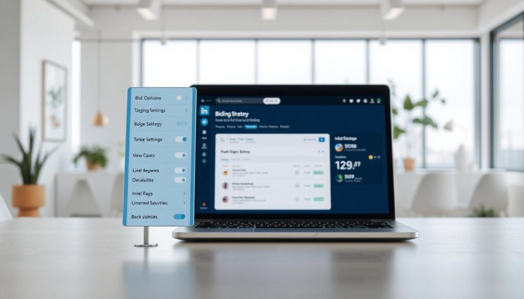 A high-resolution, photorealistic image of the LinkedIn advertising bidding process. In the foreground, a digital display showing the various bid options, targeting settings, and budget controls. In the middle ground, a laptop screen with the LinkedIn ads dashboard, highlighting the bidding strategy and performance metrics. In the background, a modern office environment with minimal decor, natural lighting filtering through large windows, and a clean, professional atmosphere. The overall scene conveys a sense of strategic planning, data-driven decision-making, and the thoughtful optimization of a LinkedIn advertising campaign.