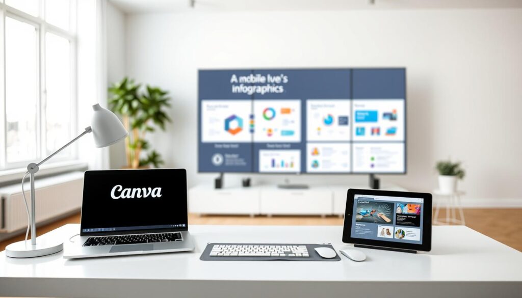 A modern and professional workspace with a sleek, minimalist design. In the foreground, a stylish white desk showcases a high-end laptop, a trendy desk lamp, and a minimalist mouse and keyboard. On the desk, a tablet displays the Canva logo and interface, with various design elements and tools visible. The middle ground features a large, high-resolution monitor displaying a visually stunning Canva-created infographic or presentation slide. The background depicts a bright, airy room with large windows, allowing natural light to pour in and create a warm, productive atmosphere. The overall mood is one of creativity, efficiency, and the effortless visual content creation enabled by the Canva platform.