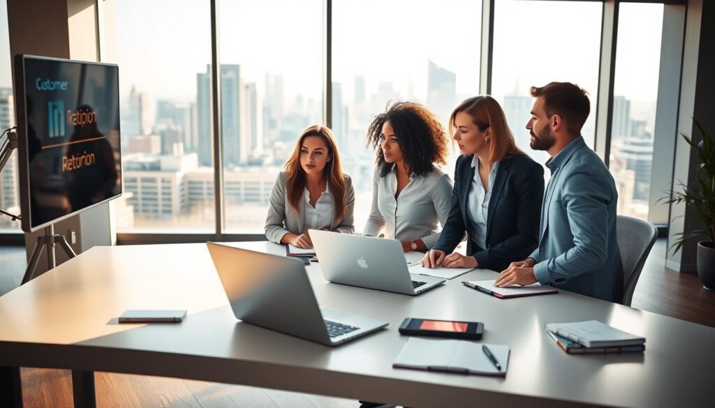 A modern office space with a focused, professional atmosphere. In the foreground, a group of colleagues reviewing customer retention strategies on a large digital display, their expressions intent and engaged. The middle ground features a sleek, minimalist desk setup with a laptop, notebooks, and various office supplies, suggesting an environment conducive to collaboration and strategic planning. The background showcases a panoramic city skyline through floor-to-ceiling windows, bathed in warm, natural lighting that filters through the space. The overall scene conveys a sense of purpose, innovation, and a commitment to optimizing customer relationships.