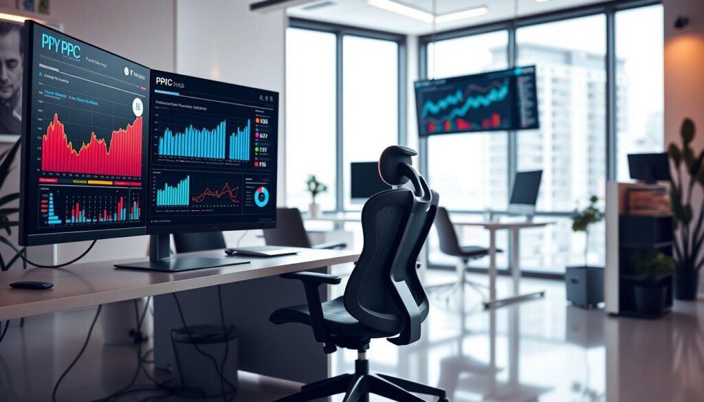 A modern office workspace filled with charts, graphs, and digital screens displaying the latest PPC trends. The foreground features a sleek desktop computer and a high-resolution monitor showcasing colorful data visualizations and performance metrics. In the middle ground, a stylish ergonomic office chair and a minimalist desk create a minimalist, productivity-focused atmosphere. The background is a crisp, bright, and airy space with floor-to-ceiling windows, allowing natural light to flood the room and accentuate the tech-savvy, cutting-edge feel. The lighting is balanced, with a combination of soft, ambient lighting and focused task lighting illuminating the key elements. The overall scene conveys a sense of professional diligence, technological prowess, and a keen awareness of the ever-evolving PPC landscape.
