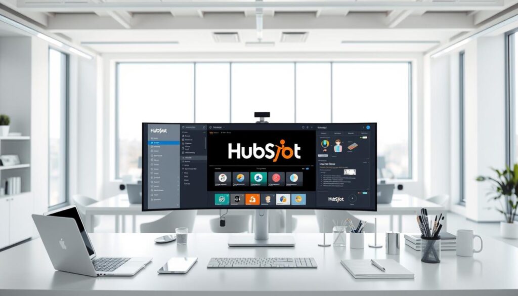 A modern office workspace with a sleek, minimalist aesthetic. In the foreground, a neatly organized desk features a laptop, a tablet, and various office supplies, all in shades of white, gray, and silver. The middle ground showcases a large monitor displaying the HubSpot logo and various automation tools, with a clean, intuitive user interface. The background is a bright, airy room with large windows, allowing natural light to flood the space, creating a serene and productive atmosphere. The image conveys a sense of efficiency, technology, and the power of automation tools to streamline workflows.
