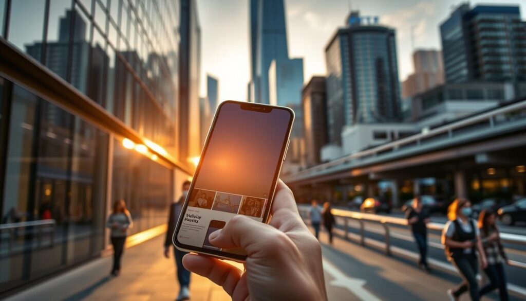 A serene urban landscape, bathed in the warm glow of the setting sun. In the foreground, a hand holds a sleek, modern smartphone, its screen displaying a visually appealing mobile-optimized website. The smartphone's reflective surface blends seamlessly with the glass and steel architecture surrounding it, creating a harmonious fusion of technology and architecture. In the middle ground, pedestrians stroll along the sidewalk, their attention absorbed by their own mobile devices, highlighting the ubiquity of mobile-first experiences. The background features a bustling cityscape, with skyscrapers and transportation infrastructure, emphasizing the importance of mobile optimization in the digital age.