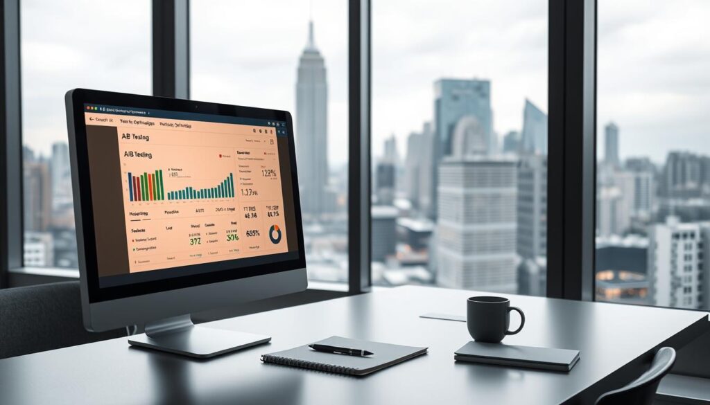 A sleek, modern office setting with a clean, minimalist aesthetic. In the foreground, a desktop computer screen displays various A/B testing metrics and optimization data, the screen bathed in a soft, warm glow. In the middle ground, a desk with a meticulously organized workspace, including a notebook, pen, and a cup of coffee. The background features large windows overlooking a bustling city skyline, with a calming, overcast sky providing natural, diffused lighting. The overall mood is one of focused productivity and strategic decision-making, with the optimization data on the screen conveying the importance of thorough testing and analysis for effective Meta advertising campaigns.