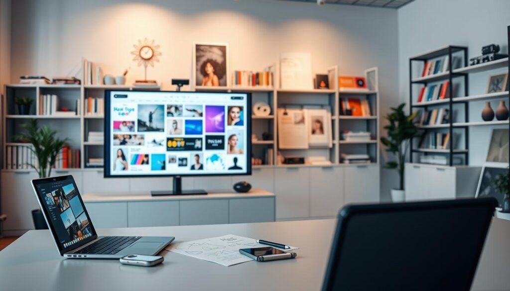 A sleek, modern office setting with a minimalist aesthetic. In the foreground, a strategically arranged desk displays a laptop, mobile device, and a sketchpad with a pen, symbolizing the ideation and planning process of a visual content strategy. The middle ground showcases a large, frameless monitor displaying visual assets, color palettes, and mood boards, reflecting the curation and creation phase. In the background, shelves filled with books, design magazines, and inspiration boards hint at the research and analysis that underpins a successful visual content strategy. Soft, directional lighting casts a warm, focused glow, evoking a sense of productivity and creativity.