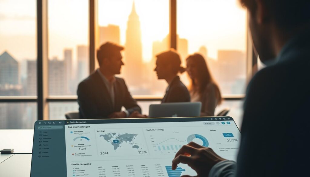 A sleek, modern software interface with a clean, minimalist design. The foreground features a prominent email campaign dashboard, with intuitive controls and data visualizations. In the middle ground, a team of employees collaborating on email marketing strategies, their faces obscured in a blur. The background showcases a cityscape through large windows, the skyline bathed in warm, golden lighting, conveying a sense of productivity and success. The overall mood is one of efficiency, organization, and the power of automation to drive effective email campaigns.