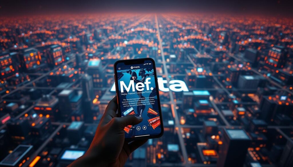 A sprawling digital landscape, bathed in a warm, ambient glow. In the foreground, a sleek mobile device displays a targeted Meta advertisement, its alluring visuals and precise messaging drawing the viewer's attention. The middle ground features a stylized representation of the Meta platform, with its iconic "f" logo subtly integrated. In the background, a sea of interconnected devices and data streams convey the expansive reach and sophisticated retargeting capabilities of Meta's advertising ecosystem. The overall scene exudes a sense of technological sophistication, seamless integration, and the power of personalized digital marketing.