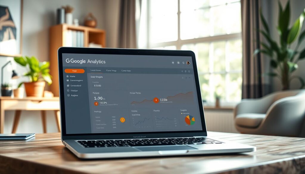 A vibrant, photorealistic image of the Google Analytics dashboard, showcasing its intuitive interface and data-driven insights. The foreground features a laptop screen displaying the GA dashboard, with clean typography, intuitive visualizations, and a sleek, minimalist design. The middle ground captures a cozy, well-lit home office setting, with a wooden desk, a comfortable chair, and a potted plant adding a touch of natural warmth. In the background, a large window allows natural light to flood the scene, creating a sense of openness and productivity. The overall mood is one of focus, efficiency, and a deep understanding of the user's web analytics.