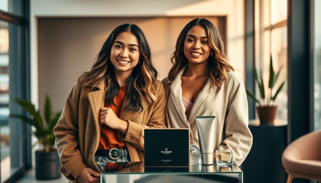 A visually captivating scene showcasing an influencer collaboration. In the foreground, two influencers stand side-by-side, their expressions conveying a sense of camaraderie and mutual admiration. They are dressed in stylish, on-trend outfits, their poses relaxed yet engaging. In the middle ground, a high-end product or service they are promoting is prominently displayed, its sleek design and alluring packaging drawing the viewer's attention. The background features a modern, minimalist setting, perhaps a chic studio or trendy urban locale, with warm, natural lighting casting a soft, inviting glow over the entire scene. The overall mood is one of aspirational lifestyle, social media-savvy influencer marketing, and the power of collaborative partnerships to captivate and inspire audiences.