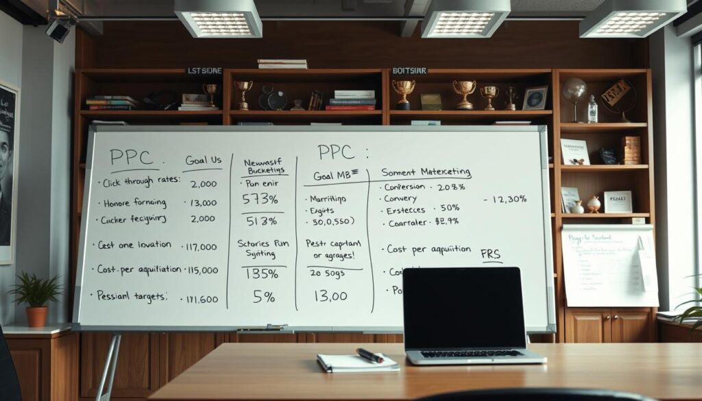 A well-lit, high-definition office scene with a large whiteboard in the foreground. The whiteboard displays a variety of PPC metrics and goals, including click-through rates, conversion rates, and cost-per-acquisition targets. In the middle ground, a desk with a laptop, notepad, and pen, suggesting a PPC professional actively analyzing and planning strategies. The background features shelves of marketing materials and awards, conveying a sense of expertise and success in the field of paid advertising. The overall mood is one of focus, organization, and a deliberate approach to achieving PPC objectives.