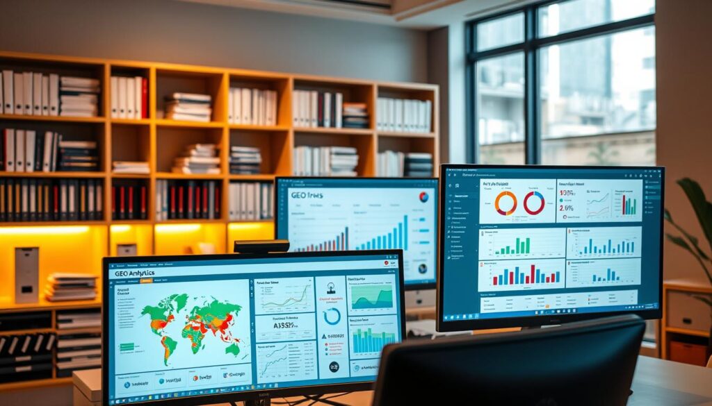 A well-lit, modern office setting featuring an array of analytical tools and dashboards displayed on computer screens. In the foreground, a desk with a high-resolution monitor showcasing a detailed GEO analytics dashboard, highlighting key metrics and geographical visualizations. In the middle ground, another monitor displays an AEO (Advertising Efficiency Optimization) dashboard, with charts, graphs, and performance indicators. The background features shelves of reference books, technical manuals, and other data analysis resources. The lighting is warm and inviting, creating a professional, data-driven atmosphere. The overall scene conveys the idea of using sophisticated tools to navigate the complexities of GEO and AEO in the context of AI-powered search.