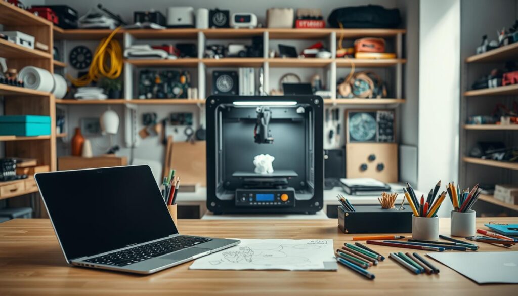 A brightly lit workspace filled with an array of prototyping tools and materials. In the foreground, a sleek laptop and a tactile sketch pad sit atop a minimalist wooden desk, surrounded by an assortment of pens, pencils, and markers. The middle ground features a 3D printer whirring away, its robotic arm precisely depositing layers of material to create a tangible form. In the background, shelves laden with electronics components, circuit boards, and an array of sensors hint at the endless possibilities for experimentation and innovation. The scene exudes a sense of focus, creativity, and a palpable energy of discovery, perfectly capturing the essence of AI prototyping.