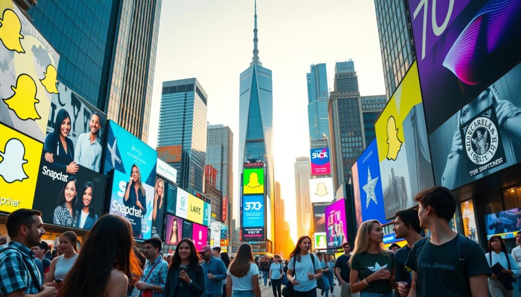 A bustling Snapchat ad campaign set in a vibrant, modern city. In the foreground, a group of young, diverse individuals engaged in dynamic social interactions, their expressions and body language conveying a sense of excitement and connection. The middle ground features a series of eye-catching Snapchat-branded billboards and digital displays, showcasing engaging visuals and captivating messaging. In the background, a towering skyline with a mix of sleek high-rises and neon-lit skyscrapers, bathed in a warm, golden glow from the setting sun. The overall atmosphere exudes a sense of energy, innovation, and the power of Snapchat's targeted advertising capabilities.