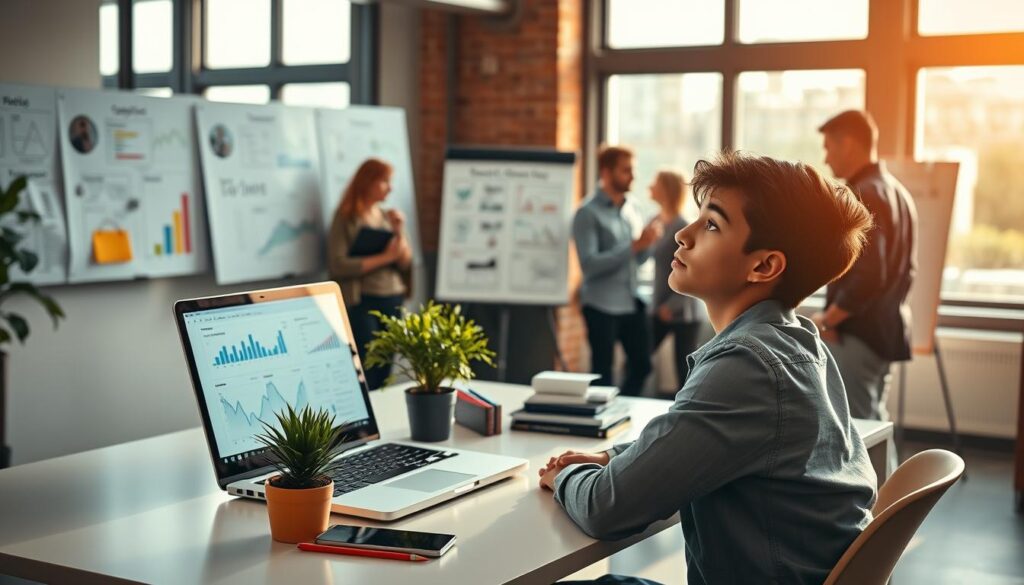 A bustling office scene, bathed in warm natural light filtering through large windows. On a sleek, minimalist desk, a laptop displays analytics dashboards and social media metrics, highlighting the impact of a carefully crafted online strategy. The foreground features a young professional, leaning back thoughtfully, their gaze fixed on the screen, surrounded by neatly organized stationery and a potted plant. In the background, a whiteboard showcases brainstormed ideas and social media content plans, while a team of colleagues collaborates seamlessly, their expressions focused and engaged. The overall atmosphere conveys a sense of productivity, optimization, and a well-executed social media presence.