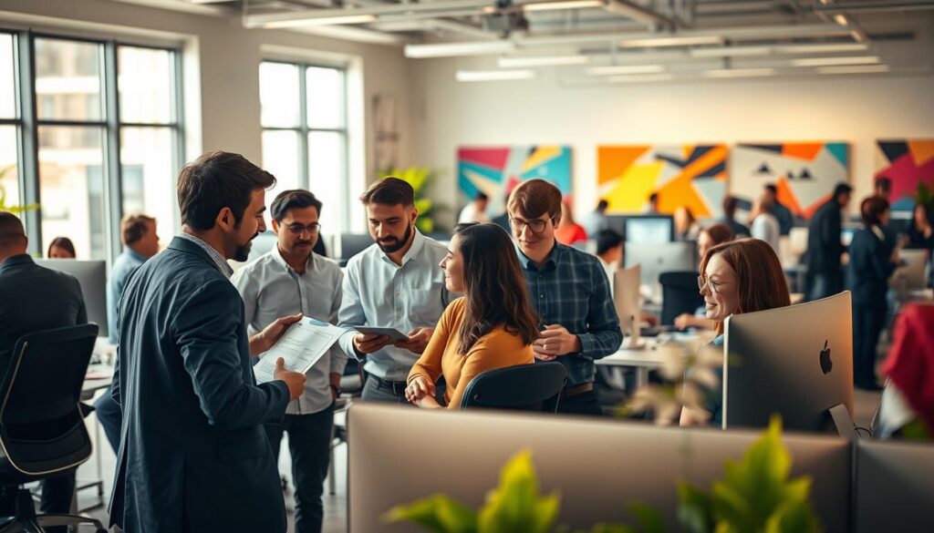 A bustling office scene, illuminated by warm, natural lighting streaming through large windows. In the foreground, a group of professionals engaged in a collaborative meeting, animatedly discussing strategies and ideas, their expressions focused and engaged. In the middle ground, employees work diligently at their desks, their screens and documents suggesting deep concentration. The background showcases a vibrant, modern workspace with sleek furniture, vibrant artwork, and a sense of energy and productivity. The overall atmosphere conveys a dynamic, innovative environment where engagement and teamwork are the driving forces.