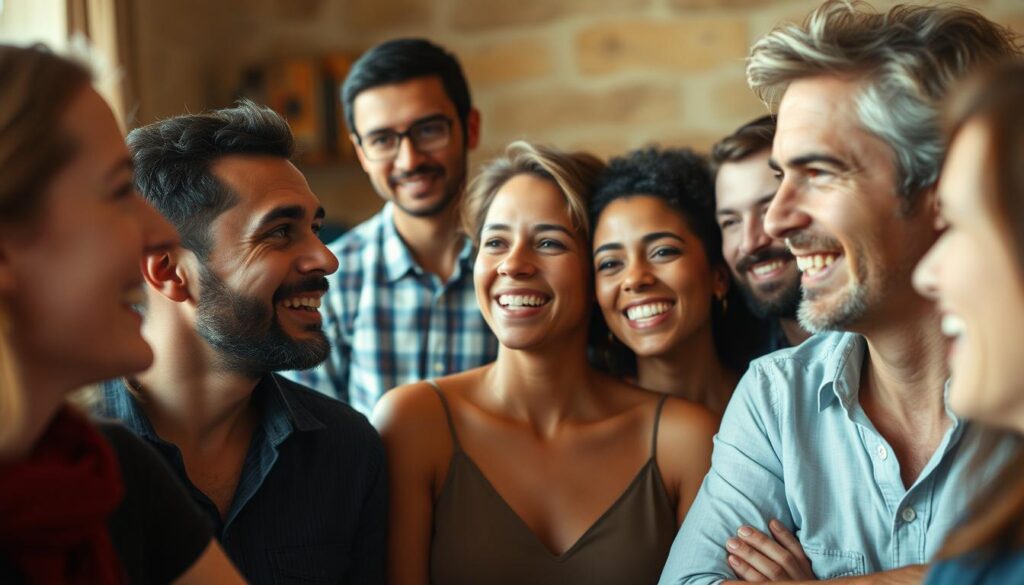 A candid, unfiltered moment captured in natural lighting. A group of diverse individuals engages in lively discussion, their faces alight with genuine emotion. The composition emphasizes the subjects' authenticity, with imperfections and raw expressions visible. The scene conveys a sense of community and unguarded sharing, reflecting the essence of user-generated content. Warm tones and a slightly hazy, film-like quality lend an air of timelessness to the image. Overall, the photograph portrays the authentic, unscripted nature of user-generated content, moving away from the glossy veneer of curated, staged imagery.