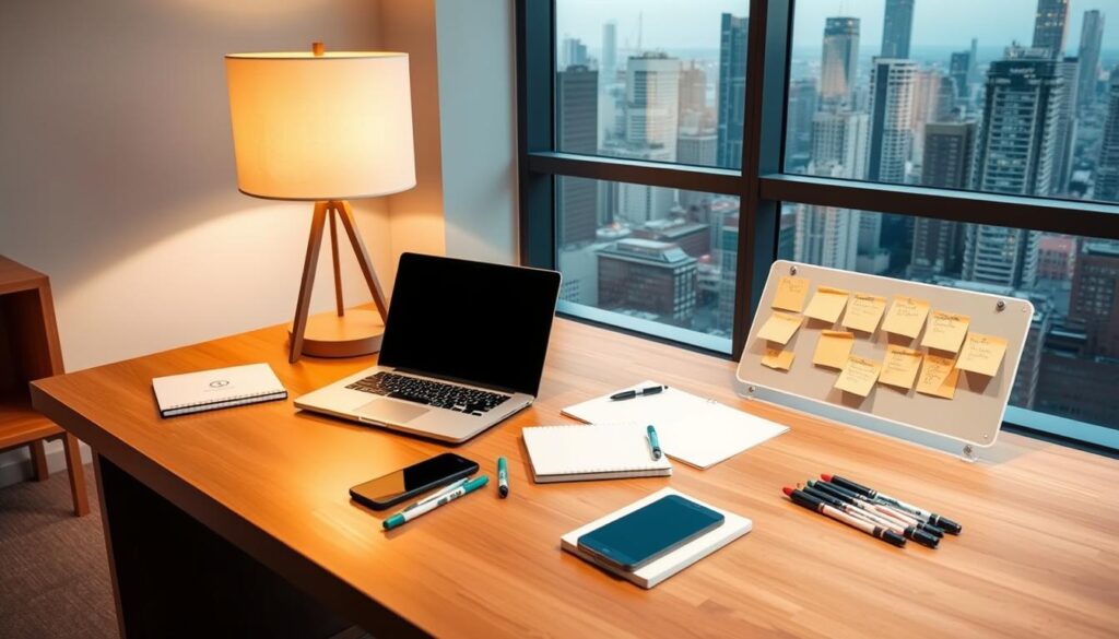 A clean, well-lit office workspace with a large wooden desk. On the desk, an array of project management tools are neatly arranged, including a laptop, a smartphone, a set of markers, a notebook, and a physical project management board with sticky notes. A stylish desk lamp casts a warm glow over the scene. In the background, a large window overlooking a bustling city skyline provides natural light and a sense of scale. The overall atmosphere is one of productivity, organization, and professionalism, perfectly suited for media buying project management.