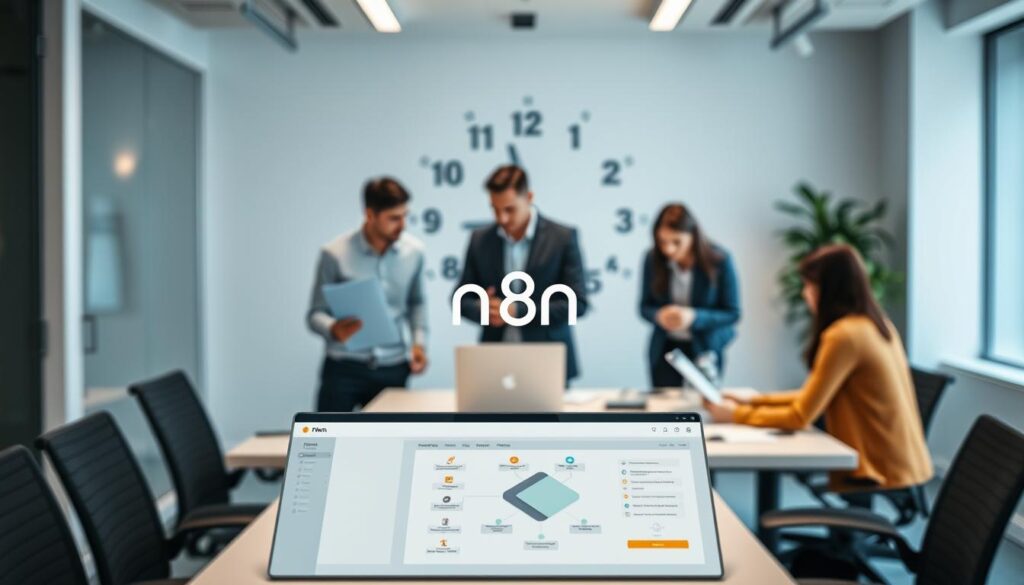 يحتل نظام التشغيل الآلي لسير العمل المعقد والديناميكي، n8n، مركز الصدارة على خلفية مكتب عصري بسيط. تعرض الواجهة الأمامية واجهة مستخدم n8n، بتصميمها البديهي القائم على العقدة وخيارات التكامل المختلفة. وتظهر في الوسط فريق من المحترفين يتعاونون في مهامهم، وتعكس تعابيرهم إحساسًا بالإنتاجية والكفاءة. وتلمح الخلفية بمهارة إلى فوائد الأتمتة الموفرة للوقت، مع استعارة بصرية لوجه ساعة يتحرك بسرعة. تبرز الإضاءة الخافتة والاتجاهية الجمالية العصرية النظيفة والحديثة، بينما يلفت عمق المجال السطحي انتباه المشاهد إلى جوهر الصورة - أداة أتمتة سير العمل n8n وتأثيرها التحويلي على مكان العمل. يحتل نظام التشغيل الآلي لسير العمل المعقد والديناميكي، n8n، مركز الصدارة على خلفية مكتب عصري بسيط. تعرض الواجهة الأمامية واجهة مستخدم n8n، بتصميمها البديهي القائم على العقدة وخيارات التكامل المختلفة. وتظهر في الوسط فريق من المحترفين يتعاونون في مهامهم، وتعكس تعابيرهم إحساسًا بالإنتاجية والكفاءة. وتلمح الخلفية بمهارة إلى فوائد الأتمتة الموفرة للوقت، مع استعارة بصرية لوجه ساعة يتحرك بسرعة. تبرز الإضاءة الخافتة والاتجاهية الجمالية العصرية النظيفة والحديثة، بينما يلفت عمق المجال السطحي انتباه المشاهد إلى جوهر الصورة - أداة أتمتة سير العمل n8n وتأثيرها التحويلي على مكان العمل.