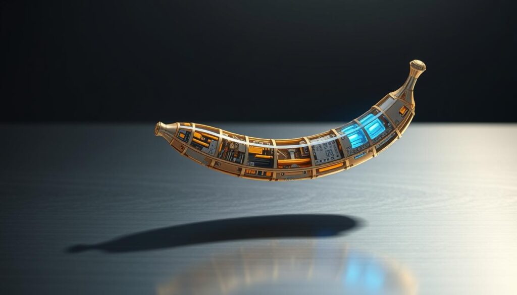 A crisp, high-resolution image of a futuristic nano-scale banana-shaped device hovering above a sleek, metallic workbench. The device appears to be constructed from gleaming gold and silver nano-components, with intricate circuitry and a glowing blue core. Soft, directional lighting casts dramatic shadows, highlighting the technical complexity and precision engineering of this cutting-edge image generation technology. The background is a muted, gradient-filled studio setting, creating a sense of depth and a focus on the central nano banana device.