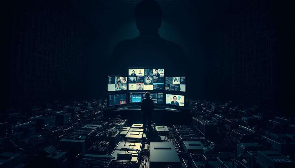A dark, cinematic scene depicting the challenges of implementing hyperpersonalization. In the foreground, a maze of complex algorithms and data flows, representing the intricacy of tailoring ads to individual users. In the middle ground, a frustrated executive surrounded by screens displaying fragmented customer profiles, symbolizing the difficulty of aggregating disparate data sources. In the background, a vast, looming shadow of uncertainty and technological complexity, conveying the overwhelming nature of the task. Dramatic lighting casts sharp shadows, creating a sense of tension and unease. The composition emphasizes the scale and difficulty of the challenge, captured through a wide-angle lens that distorts the perspective.