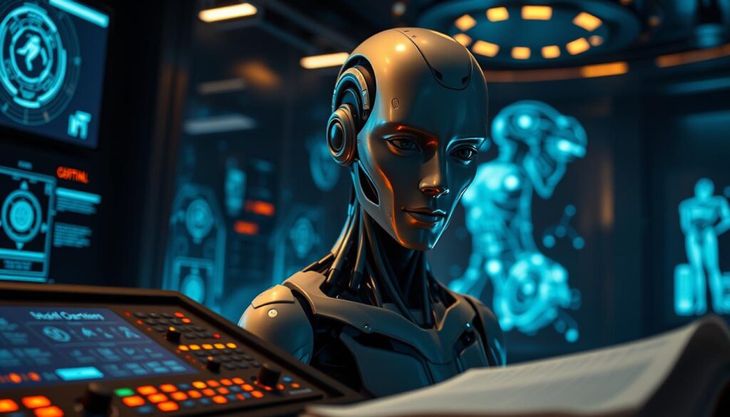 A detailed, high-resolution photograph of an advanced artificial intelligence system immersed in the creative process of storytelling. In the foreground, a futuristic control panel with glowing displays and intricate interfaces, hinting at the technology's capabilities. In the middle ground, a sleek, humanoid AI entity, its features conveying a pensive expression as it crafts a narrative. The background is a dimly lit, high-tech environment, with holographic projections and ambient lighting, suggesting the AI's deep connection to the world of imagination and storytelling. Crisp, cinematic lighting and a sense of depth and scale create a captivating, realistic depiction of AI-powered storytelling technology.