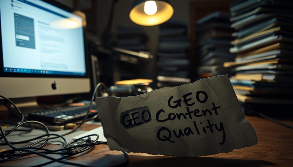 A dimly lit office space, the glow of a computer screen casting a soft light over a cluttered desk. In the foreground, a crumpled piece of paper with the words "GEO Content Quality" scrawled upon it, a visible sign of frustration. The middle ground features a tangle of wires and half-completed projects, symbolizing the complexities and challenges of content optimization. In the background, the silhouettes of towering stacks of documents and reference materials, hinting at the overwhelming nature of the task at hand. The scene is imbued with a sense of unease, the atmosphere weighted with the pressure of delivering high-quality, search engine-optimized content. Lit by a single desk lamp, the image conveys the essence of the "Mistake" section in the article, where the pitfalls of neglecting content quality are explored.