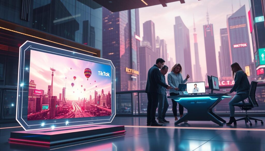 A dynamic, futuristic scene showcasing the intersection of advertising and generative AI tools. In the foreground, a sleek, holographic display presents a captivating TikTok advertisement, its content seamlessly blending human and machine-generated elements. The middle ground features a team of creative professionals, huddled around a cutting-edge workstation, exploring the capabilities of generative models to craft compelling, authentic content. In the background, a vibrant cityscape with towering skyscrapers and neon-lit streets, hinting at the scale and impact of these emerging technologies. The overall atmosphere is one of innovation, collaboration, and a glimpse into the transformative potential of generative tools in the world of advertising.