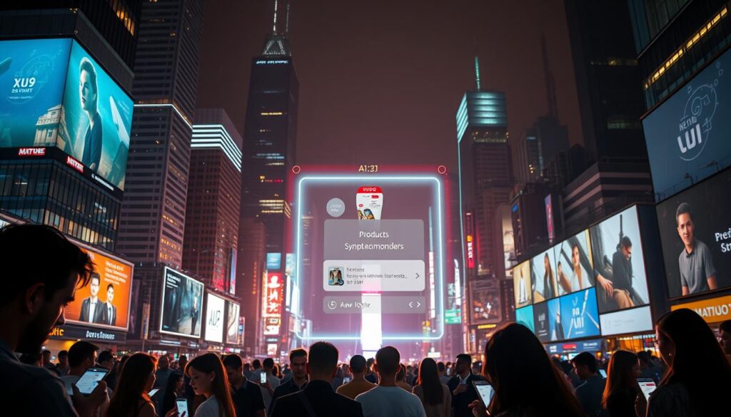 A futuristic cityscape at night, with towering skyscrapers and neon-lit billboards. In the foreground, a group of people immersed in their smartphones, their faces illuminated by the glow of the screens. In the middle ground, a holographic advertisement shimmers, showcasing a personalized product recommendation. The background is bathed in a warm, ethereal light, creating a sense of technological wonder and the promise of a hyper-connected world. The scene captures the essence of AI-driven, hyperpersonalized advertising, seamlessly integrated into the urban landscape.