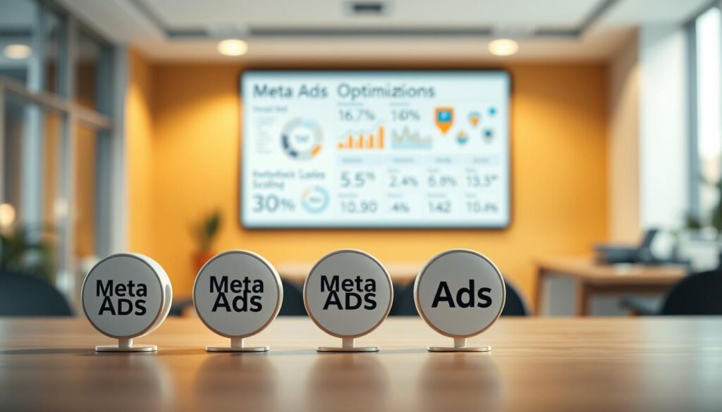 A gradual scaling of Meta Ads campaigns, with a focus on controlled expansion and iterative optimization. The foreground depicts a series of Meta Ads icons, each one slightly larger than the previous, symbolizing the step-by-step approach. The middle ground showcases a detailed infographic displaying key metrics and performance indicators, guiding the scaling process. The background features a blurred, warm-toned environment, suggesting a professional, data-driven office setting. Soft, directional lighting casts subtle shadows, highlighting the sense of growth and progress. The overall atmosphere conveys a measured, strategic approach to scaling Meta Ads campaigns for maximum impact.