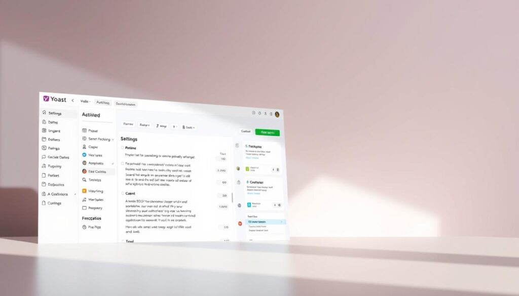 A high-resolution, realistic image of the Yoast SEO plugin interface, showcasing its clean and intuitive dashboard. The foreground features the main panel with detailed settings and optimization tools, presented in a sleek, modern design. The middle ground depicts the left-hand sidebar with clearly labeled sections for SEO analysis, social media integration, and content optimization. The background subtly fades into a plain, neutral color scheme to emphasize the plugin's functionality. Soft, natural lighting illuminates the interface, creating a professional and trustworthy atmosphere. The entire composition conveys the efficient and comprehensive nature of the Yoast SEO plugin.
