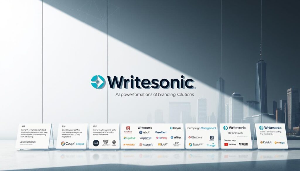 A highly detailed, photorealistic image of the Writesonic AI branding solutions. Set against a sleek, minimalist backdrop, the Writesonic logo is prominently displayed in the center, rendered with intricate shading and sharp edges. The foreground features various AI-powered marketing tools and platforms offered by Writesonic, such as content generation, SEO optimization, and campaign management, all depicted with a high level of realism. The middle ground showcases testimonials and client logos, conveying the company's credibility and reputation. The background depicts a futuristic cityscape, hinting at the cutting-edge technology and innovation that Writesonic brings to the world of digital marketing. The overall mood is one of professionalism, sophistication, and technological prowess.