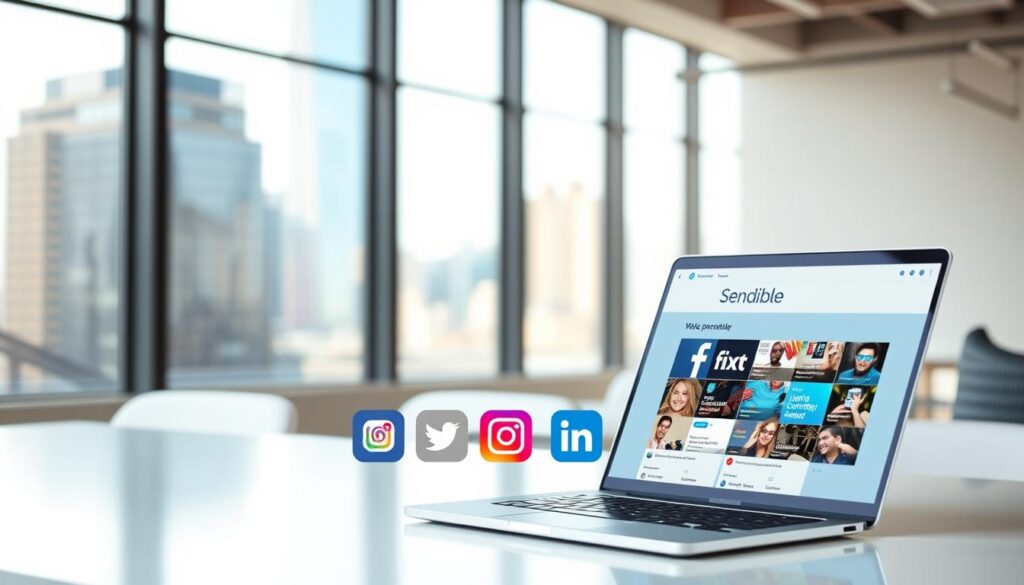 A modern office setting with a clean, minimalist aesthetic. In the foreground, a laptop displays the Sendible logo and interface, showcasing its social media scheduling capabilities. The middle ground features a array of popular social media platform icons, including Twitter, Facebook, Instagram, and LinkedIn, alluding to Sendible's integrations. The background shows a blurred cityscape through large windows, conveying a sense of professionalism and productivity. The lighting is soft and natural, creating an inviting atmosphere. The overall composition emphasizes Sendible's position as a top social media scheduling platform for small and medium enterprises.