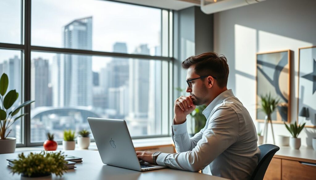 A modern, sleek office space with a large window overlooking a bustling city skyline. In the foreground, a businessman sits at his desk, intently focused on his laptop screen, deep in thought about his email marketing strategy. The lighting is soft and natural, creating a calming atmosphere. The background features minimalist decor, with a few potted plants and modern art pieces adding pops of color. The camera angle is slightly elevated, capturing the scene from an observer's perspective, conveying a sense of professionalism and attention to detail. The overall mood is one of contemplation and strategic planning.