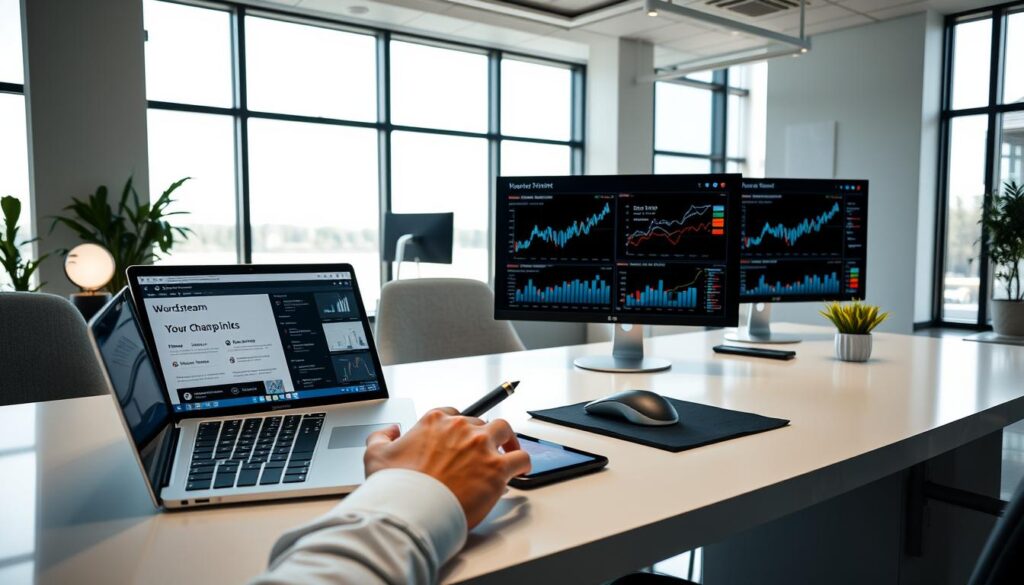 A modern, well-lit office setting with a prominent desk featuring a laptop, tablet, and various digital marketing tools such as a keyboard, mouse, and stylus. In the foreground, a person's hands interact with the devices, showcasing the WordStream software interface. The middle ground features additional screens and digital dashboards displaying analytical data and campaign performance metrics. The background depicts a sleek, minimalist interior with large windows, allowing natural light to fill the space and create a serene, productive atmosphere. The overall scene conveys a sense of efficiency, data-driven decision making, and the power of PPC advertising tools to enhance digital marketing campaigns.