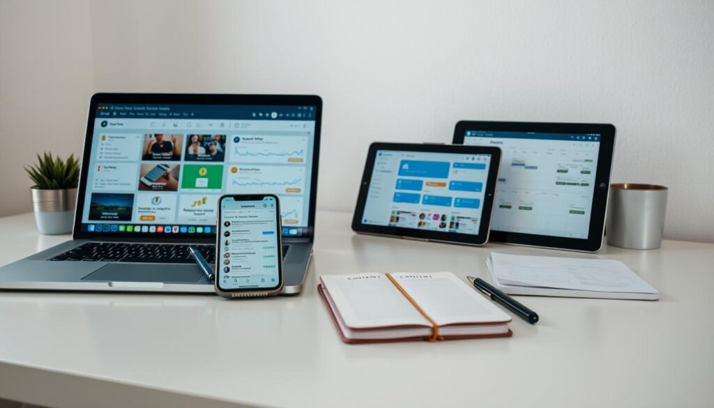 A neatly organized workspace, with various social media automation tools arranged on a clean, minimalist desktop. In the foreground, a laptop displays a dashboard of scheduling, content curation, and analytics apps. Alongside it, a smartphone showcases push notification settings and reporting dashboards. In the middle ground, a tablet presents a content calendar, while a notebook and pen suggest a human touch amidst the digital tools. The background features a neutral, softly-lit environment, conveying a sense of focus and efficiency. Captured with a high-resolution DSLR camera, this image aims to strike a balance between the automation of social media management and the human element needed to maintain an authentic online presence.