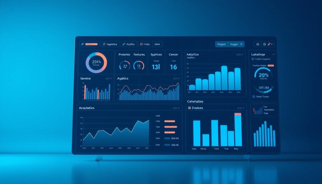 A pristine digital marketing dashboard with sleek, minimalist user interface. Crisp charts, graphs, and analytics tools are neatly arranged against a cool-toned, futuristic background. Subtle glowing accents highlight key metrics and performance indicators. The layout is clean and uncluttered, with a high-contrast color palette that enhances readability. Carefully positioned lighting casts a soft, directional glow on the display, creating depth and dimensionality. The overall aesthetic is professional, modern, and optimized for at-a-glance data monitoring and decision-making.