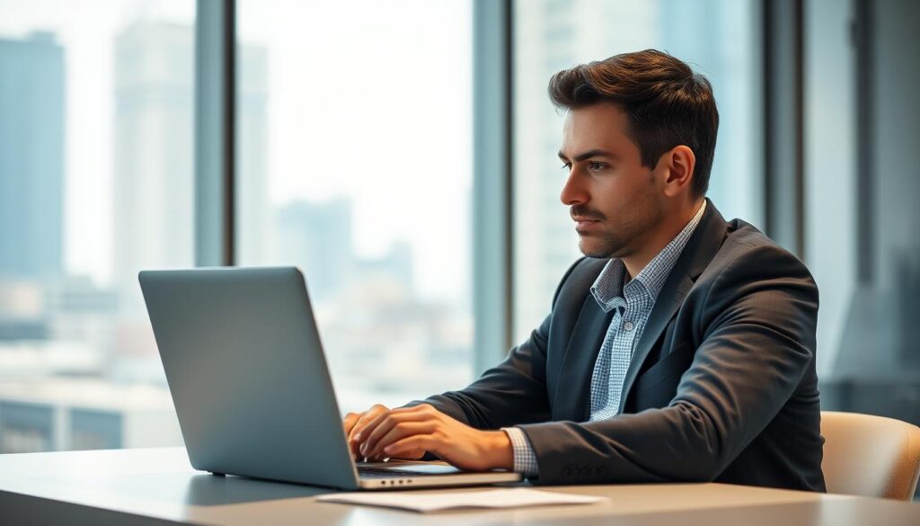 A professional LinkedIn user sitting at a desk, intently focused on an AI-powered targeting interface on their laptop screen. Soft, directional lighting illuminates the scene, casting subtle shadows that accentuate the user's expression of concentration. The background features a blurred cityscape, hinting at the user's urban, corporate environment. The overall atmosphere conveys a sense of strategic planning and data-driven decision-making, setting the stage for effective LinkedIn advertising campaigns powered by advanced AI targeting capabilities.