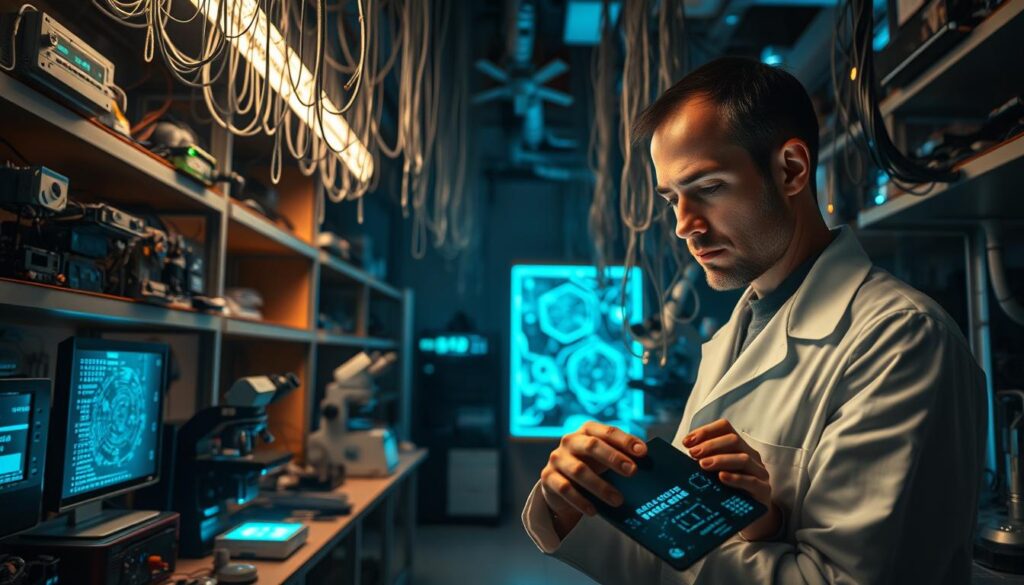 A serene, dimly lit laboratory with intricate mechanical devices and glowing holographic displays. In the foreground, a scientist in a white coat examines a complex circuit board, their expression pensive. Surrounding them, shelves of advanced electronics, microscopes, and cables cascading from the ceiling like a technological forest. The atmosphere is one of focused contemplation, as the scientist explores the latest AI alignment strategies, seeking to harmonize human and machine creativity. Soft, directional lighting illuminates the scene, casting dramatic shadows and highlighting the precision of the equipment. The overall mood is one of thoughtful inquiry, as the scientist delves into the nuances of aligning artificial intelligence with human values.