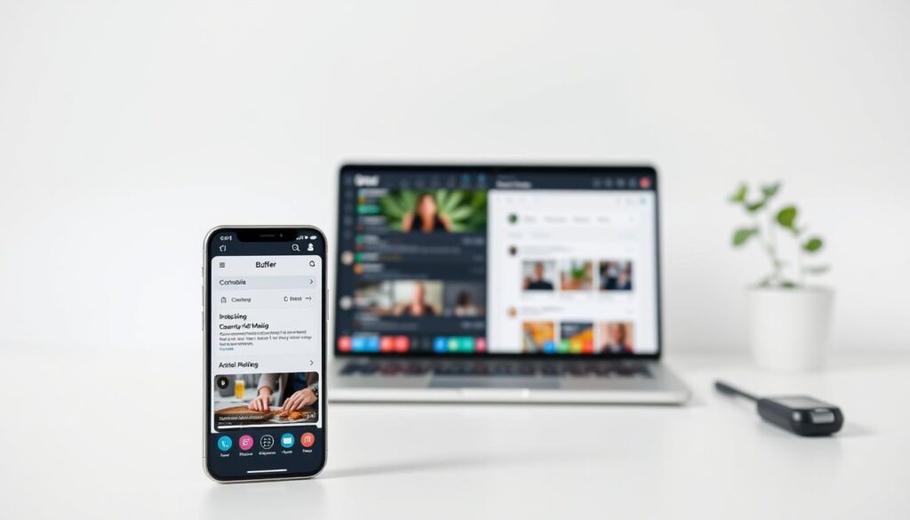 A sleek and modern social media scheduling tool, Buffer, set against a crisp, white background. The application's elegant user interface takes center stage, showcasing its intuitive dashboard and scheduling features. In the foreground, a smartphone display presents the mobile app, its intuitive design inviting users to effortlessly plan and publish content. In the middle ground, a laptop screen displays the web-based platform, its clean layout and intuitive controls visible. The background features subtle office elements, such as a minimalist desk and a plant, conveying a professional, productive atmosphere. Soft, diffused lighting accentuates the tool's sophisticated aesthetics, creating a visually striking and informative representation of the Buffer social media management solution.