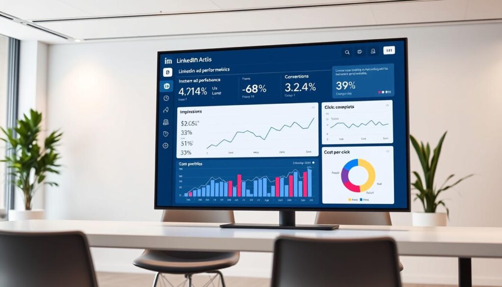 A sleek, minimalist dashboard displaying comprehensive LinkedIn ad performance metrics. A modern, well-lit office setting with clean lines and neutral tones serves as the backdrop. In the foreground, a large, high-resolution screen showcases key data points such as impressions, clicks, conversions, and cost-per-click, presented in a clear, easy-to-read format. Elegant data visualizations, including line graphs and pie charts, provide deep insights into campaign performance. The overall atmosphere is professional, analytical, and focused, reflecting the subject matter of measuring success in LinkedIn advertising.