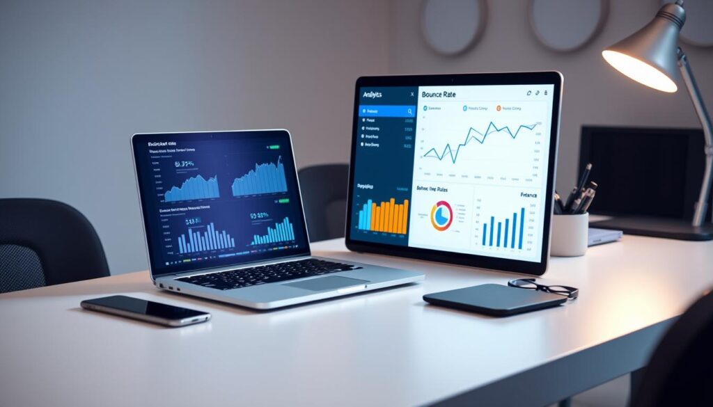 A sleek, minimalist office desk with a laptop, smartphone, and various analytics charts and graphs displayed on the screen, highlighting the key metrics and insights for "Bounce Rate Analysis." The lighting is soft and evenly distributed, creating a professional and focused atmosphere. The camera angle is slightly elevated, providing a clear and comprehensive view of the setup. The background is blurred, keeping the viewer's attention on the desk and the data visualization. The overall composition and styling convey a sense of data-driven decision-making and a deep understanding of digital marketing performance.