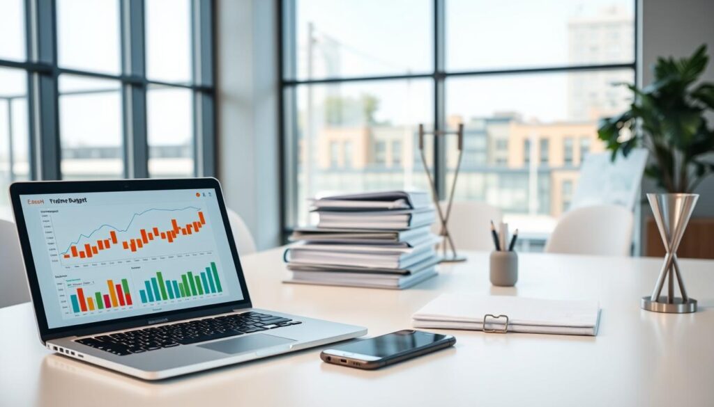 A sleek, modern office space with a large desk showcasing a variety of budget management tools and software. In the foreground, a laptop displays colorful financial charts and graphs, while a smartphone and a tablet nearby display budgeting apps. In the middle ground, a stack of neatly organized folders and a pen stand suggest a professional, organized approach to financial planning. The background features floor-to-ceiling windows, allowing natural light to flood the room and create a bright, airy atmosphere. The overall scene conveys a sense of efficiency, control, and a focus on optimizing financial resources.