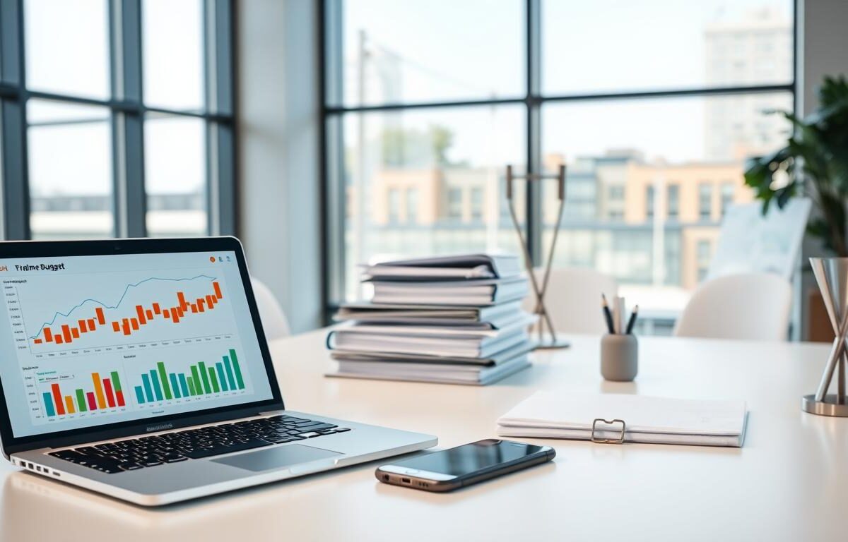 A sleek, modern office space with a large desk showcasing a variety of budget management tools and software