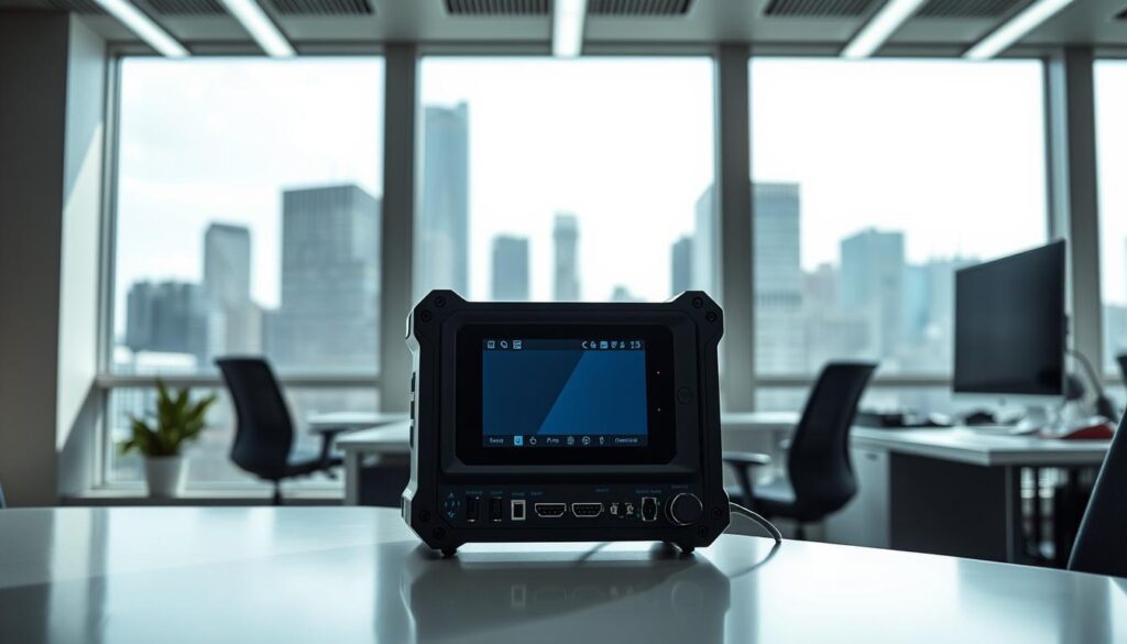 مساحة عمل مكتبية أنيقة وعصرية مع أداة أتمتة بارزة في المنتصف. الأداة عبارة عن جهاز مدمج بزاوية مدمجة مع شاشة عرض ومنافذ إدخال/إخراج متنوعة. الإضاءة ساطعة ومتساوية، مما يخلق جواً احترافياً نظيفاً ومحترفاً. في الخلفية، يظهر منظر للمدينة من خلال نوافذ كبيرة، مما يشير إلى قدرة الأداة على تبسيط سير العمل في المناطق الحضرية. ينقل التكوين العام إحساسًا بالكفاءة والإنتاجية وقوة التكنولوجيا في تغيير طريقة عملنا. مساحة عمل مكتبية أنيقة وعصرية مع أداة أتمتة بارزة في المنتصف. الأداة عبارة عن جهاز مدمج بزاوية مدمجة مع شاشة عرض ومنافذ إدخال/إخراج متنوعة. الإضاءة ساطعة ومتساوية، مما يخلق جواً احترافياً نظيفاً ومحترفاً. في الخلفية، يظهر منظر للمدينة من خلال نوافذ كبيرة، مما يشير إلى قدرة الأداة على تبسيط سير العمل في المناطق الحضرية. ينقل التكوين العام إحساسًا بالكفاءة والإنتاجية وقوة التكنولوجيا في تغيير طريقة عملنا.