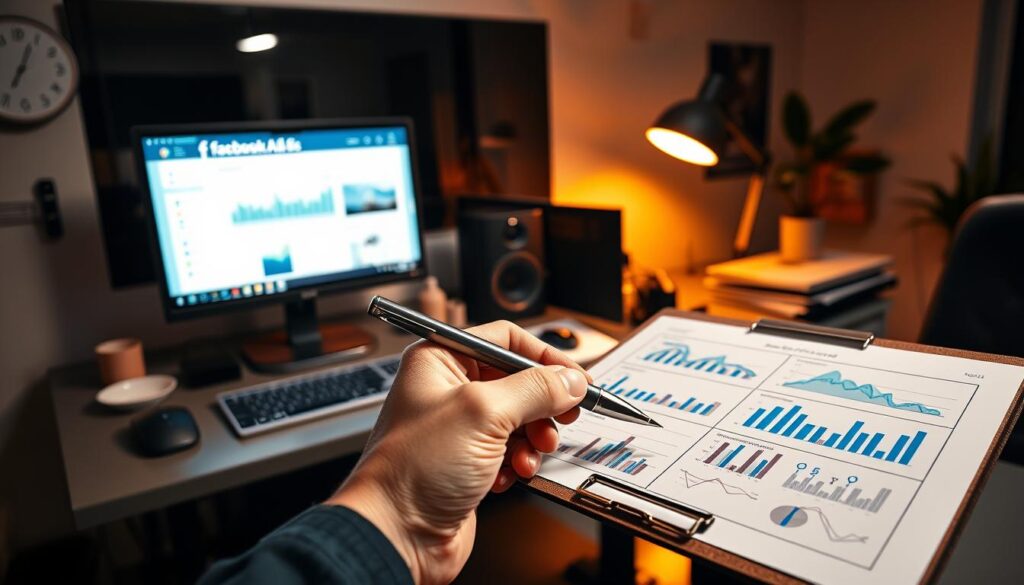 A sleek, modern office workspace with a prominent computer monitor displaying a Facebook ad dashboard. The desk is meticulously organized, with a keyboard, mouse, and various productivity tools neatly arranged. Warm, directional lighting casts a soft glow, highlighting the attention to detail in the scene. In the foreground, a hand holds a pen, poised to make notes on a clipboard filled with charts and data visualizations. The overall atmosphere conveys a sense of focused, analytical optimization, with a professional, tech-savvy aesthetic.