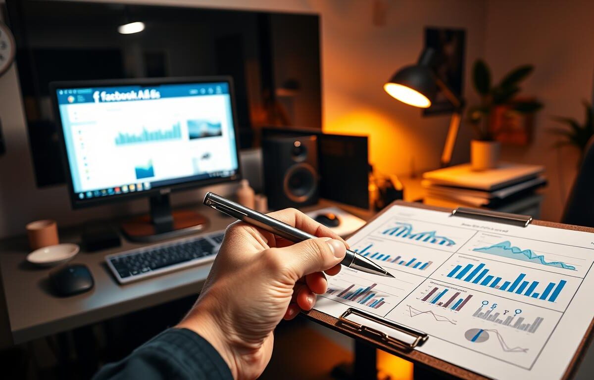 A sleek, modern office workspace with a prominent computer monitor displaying a Facebook ad dashboard