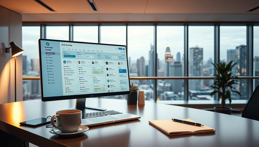 A sleek, modern office workspace with a prominent desk and computer setup. The foreground features a laptop displaying an email automation dashboard, its interface showcasing various scheduling, workflow, and analytics tools. The middle ground shows a cup of coffee, a pen, and a notepad, suggesting an active work session. The background depicts floor-to-ceiling windows overlooking a vibrant cityscape, creating a sense of urban sophistication. The lighting is warm and balanced, with a subtle directional source illuminating the desk area. The overall atmosphere conveys efficiency, productivity, and a streamlined approach to managing email marketing campaigns.