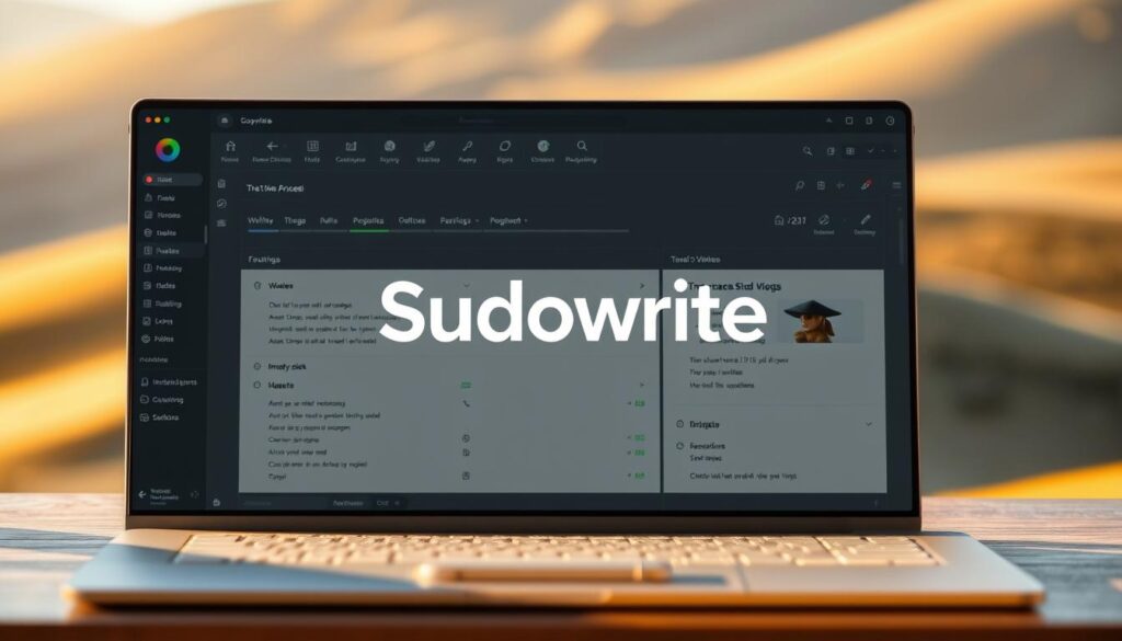 A sleek, modern user interface with a clean, minimalist design. The Sudowrite logo prominently displayed in the center, with an intuitive dashboard of writing tools and features surrounding it. The background features a subtle gradient or blurred landscape, creating a sense of depth and focus on the application's interface. Warm, natural lighting casts a soft glow across the scene, lending a professional, polished aesthetic. The overall impression is one of a powerful, user-friendly AI-powered storytelling tool that can elevate any writer's creative process.